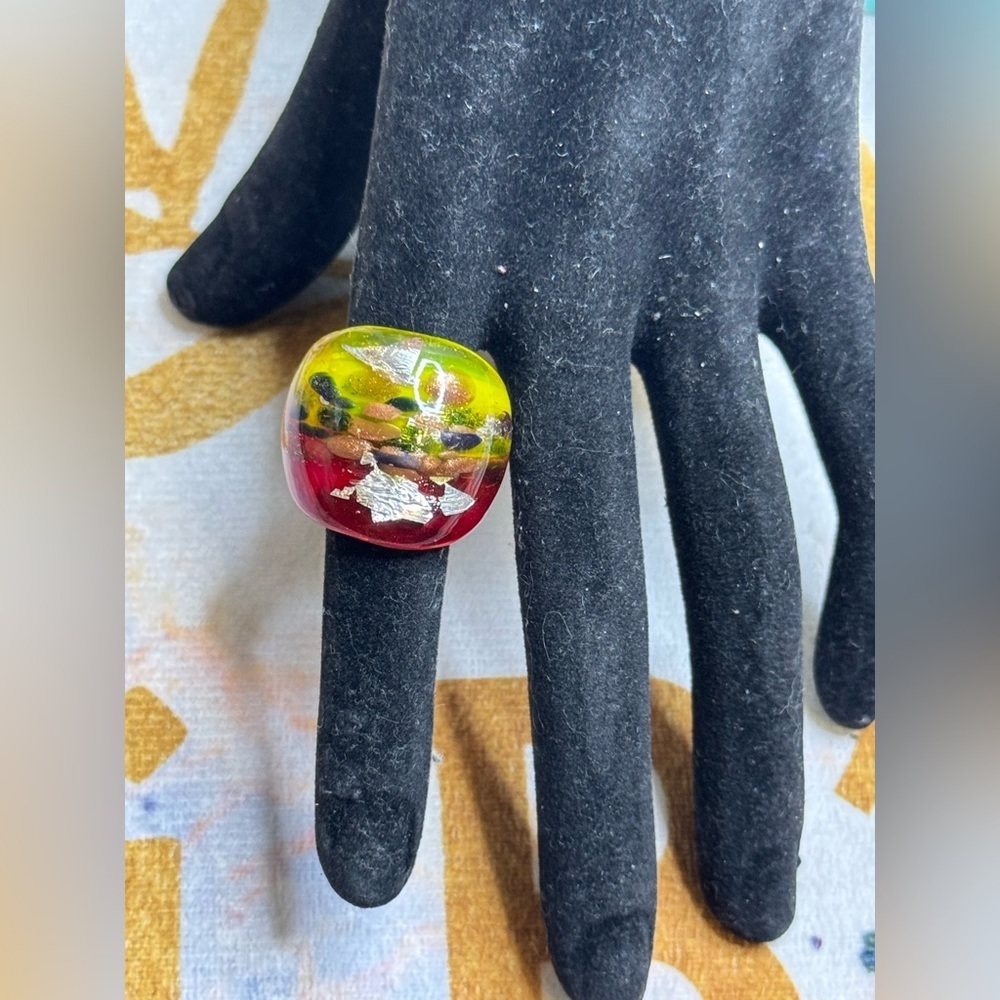 Unique Murano Glass  Ring  Yellow & Red with Silver